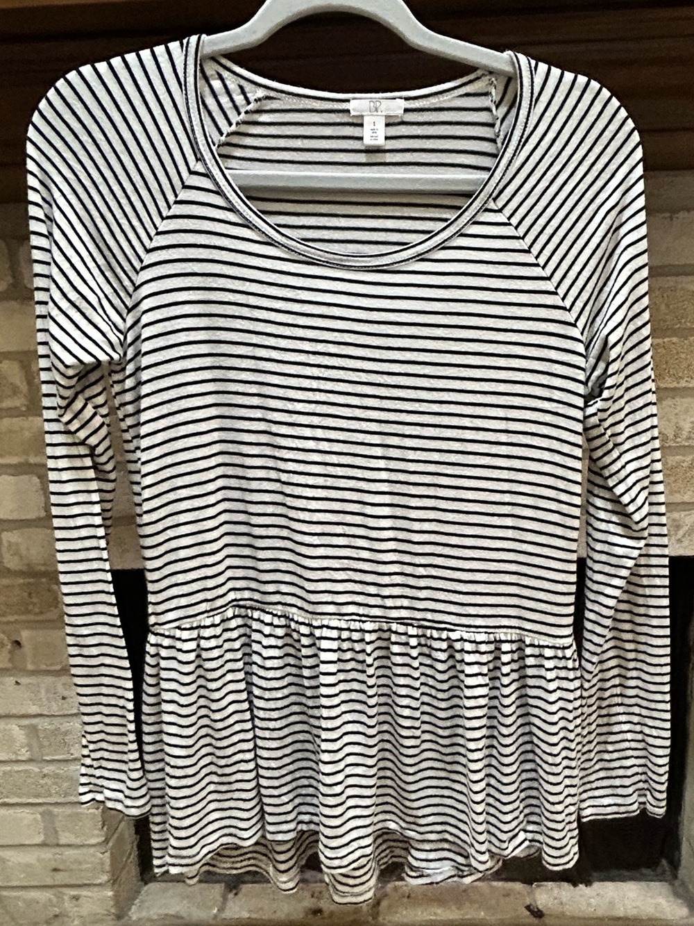 bp Black and White Striped Peplum Long-Sleeve Tunic EUC